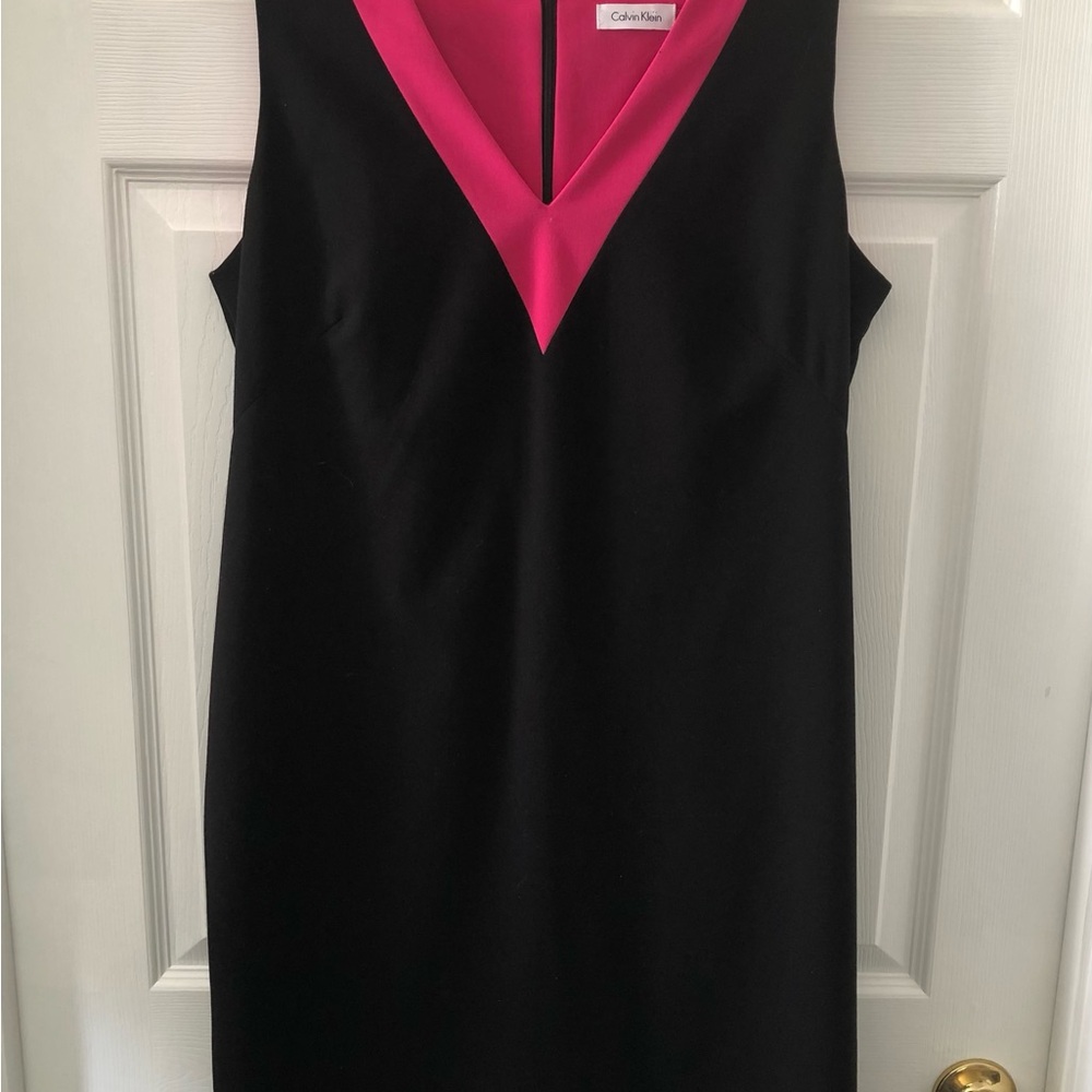 Size 12 Calvin Klein Black Dress Hot Pink V-Neck Power Sheath Dress Color Pop